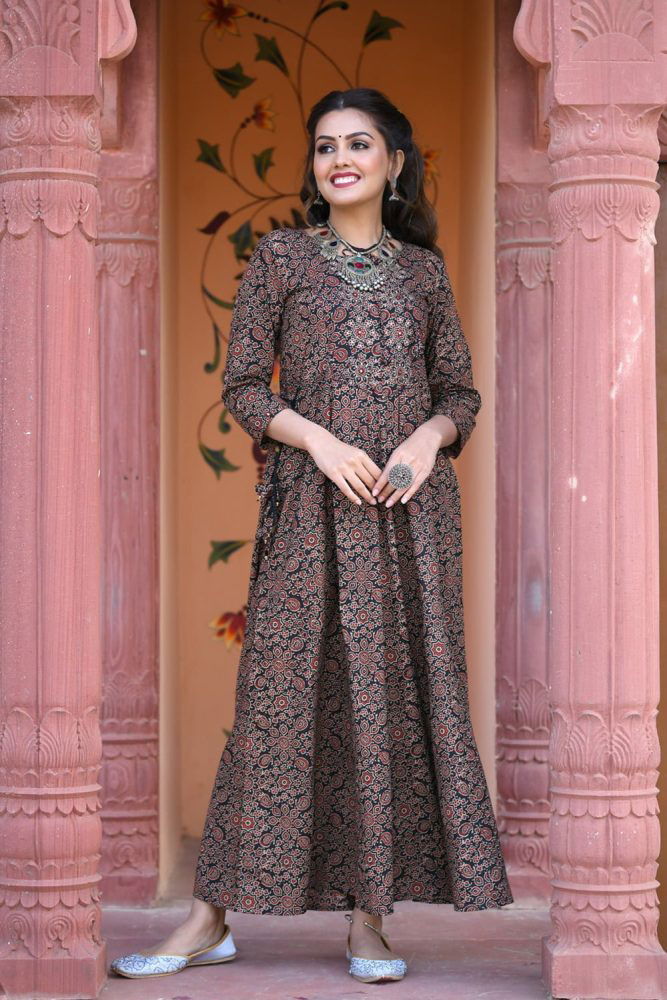 Ajrak Printed Brown Gown - pacificexportsimports - #tag1#