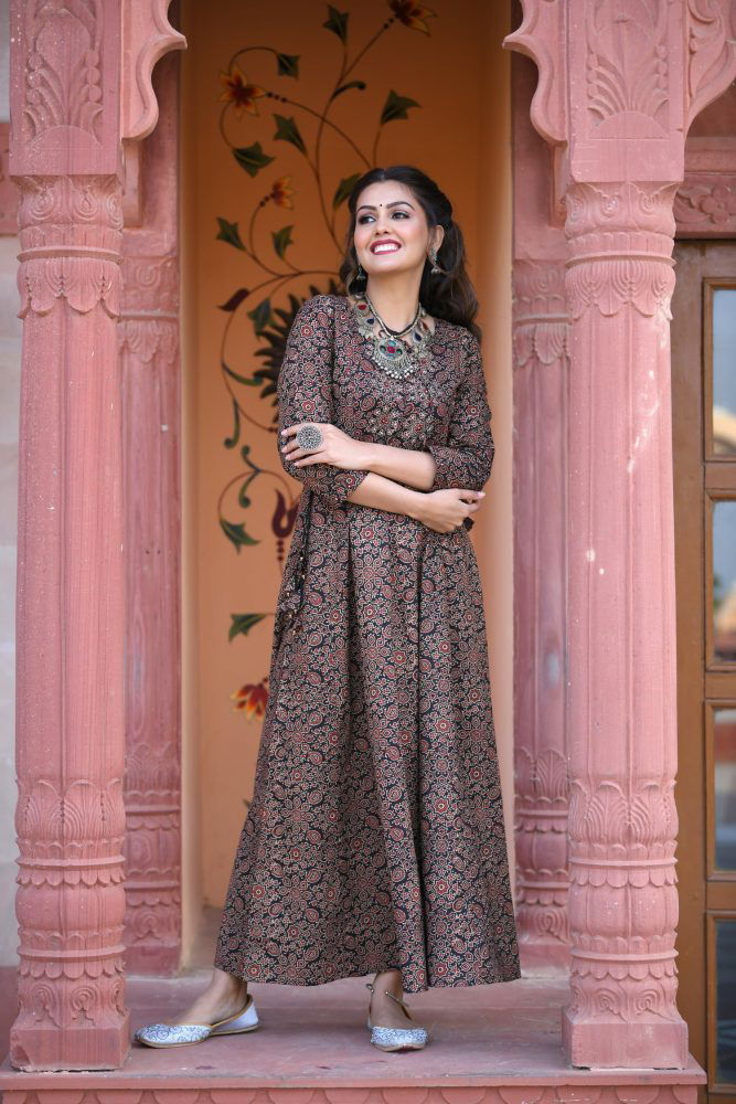 Ajrak Printed Brown Gown - pacificexportsimports - #tag1#