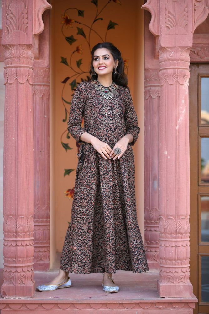 Ajrak Printed Brown Gown - pacificexportsimports - #tag1#