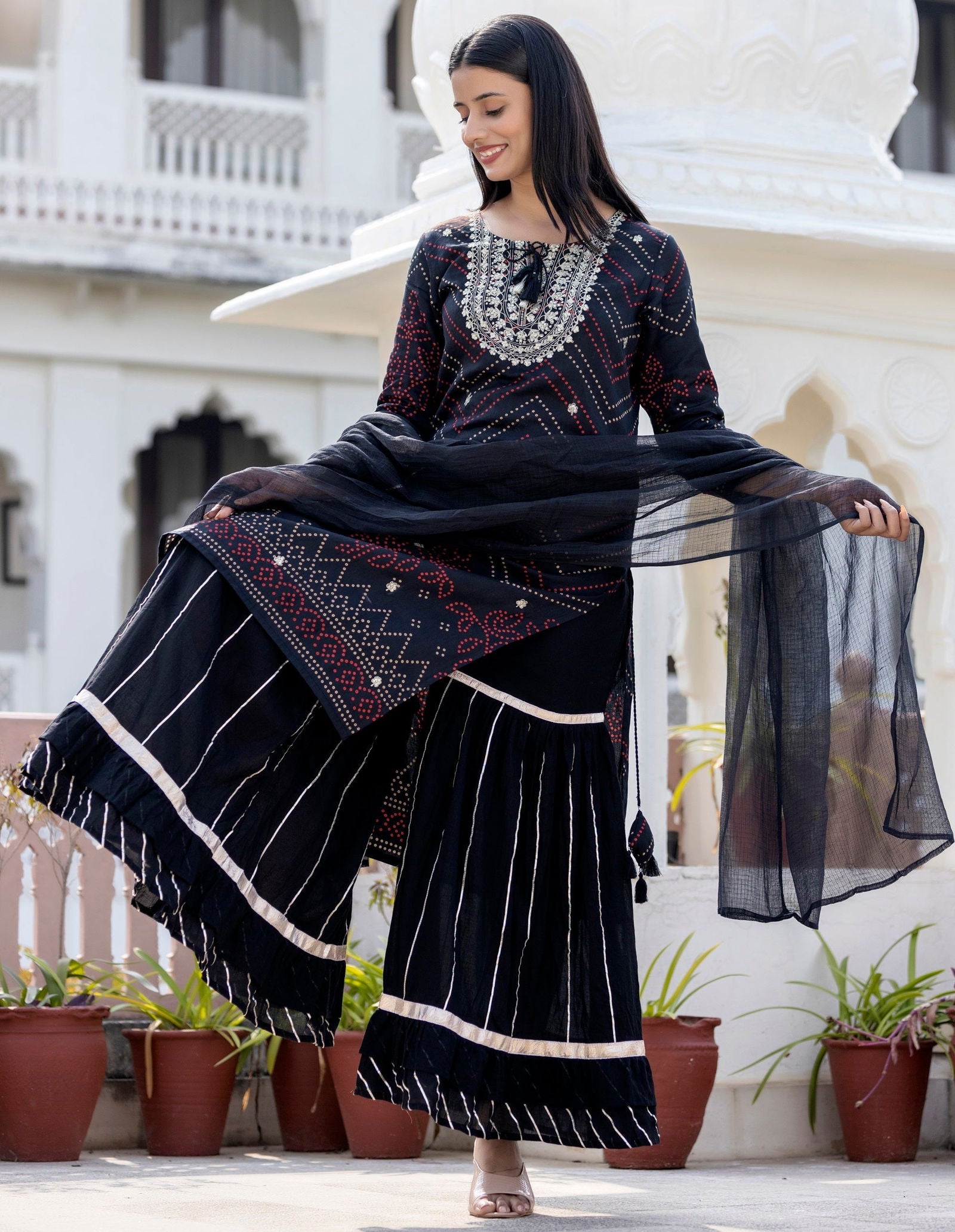 Black Embroidered Cotton Kurta Sharara Set With Dupatta - pacificexportsimports - #tag1#