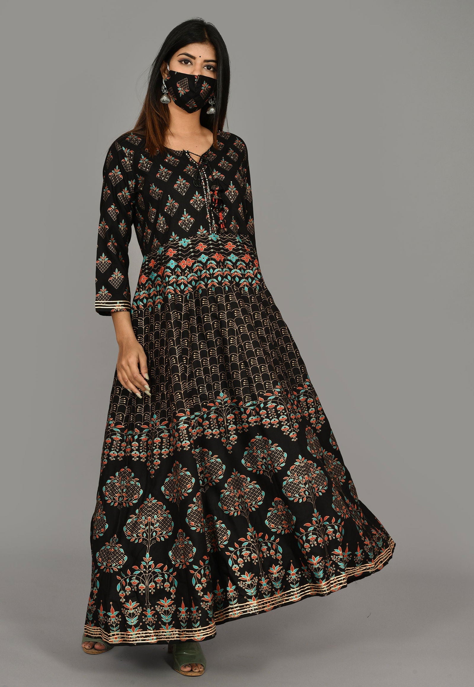 Black Gold Printed Anarkali Ethnic Gown - pacificexportsimports - #tag1#
