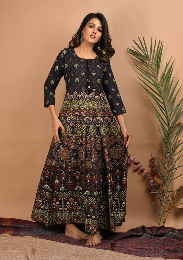 Black Gold Printed Ethnic Gown - pacificexportsimports - #tag1#