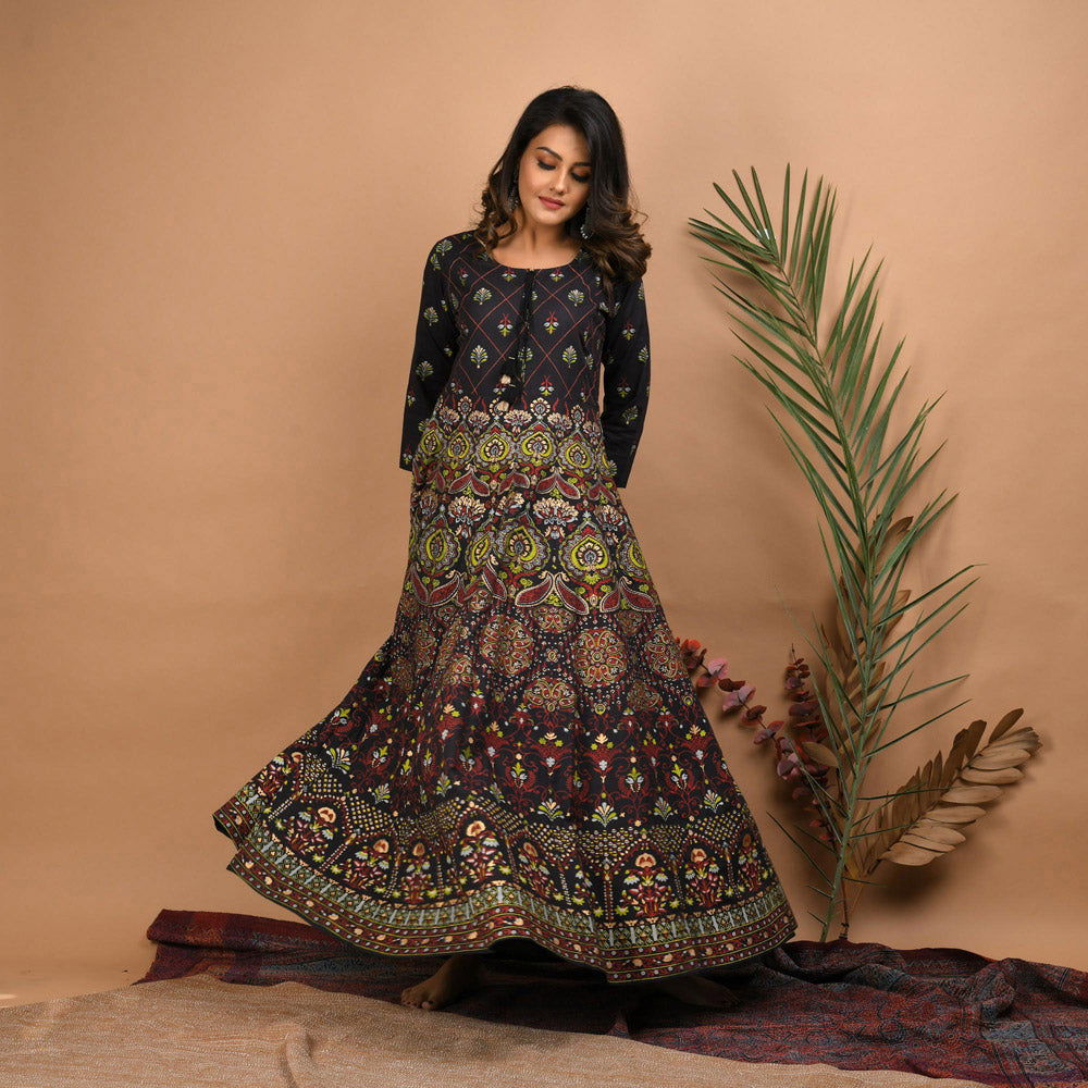 Black Gold Printed Ethnic Gown - pacificexportsimports - #tag1#