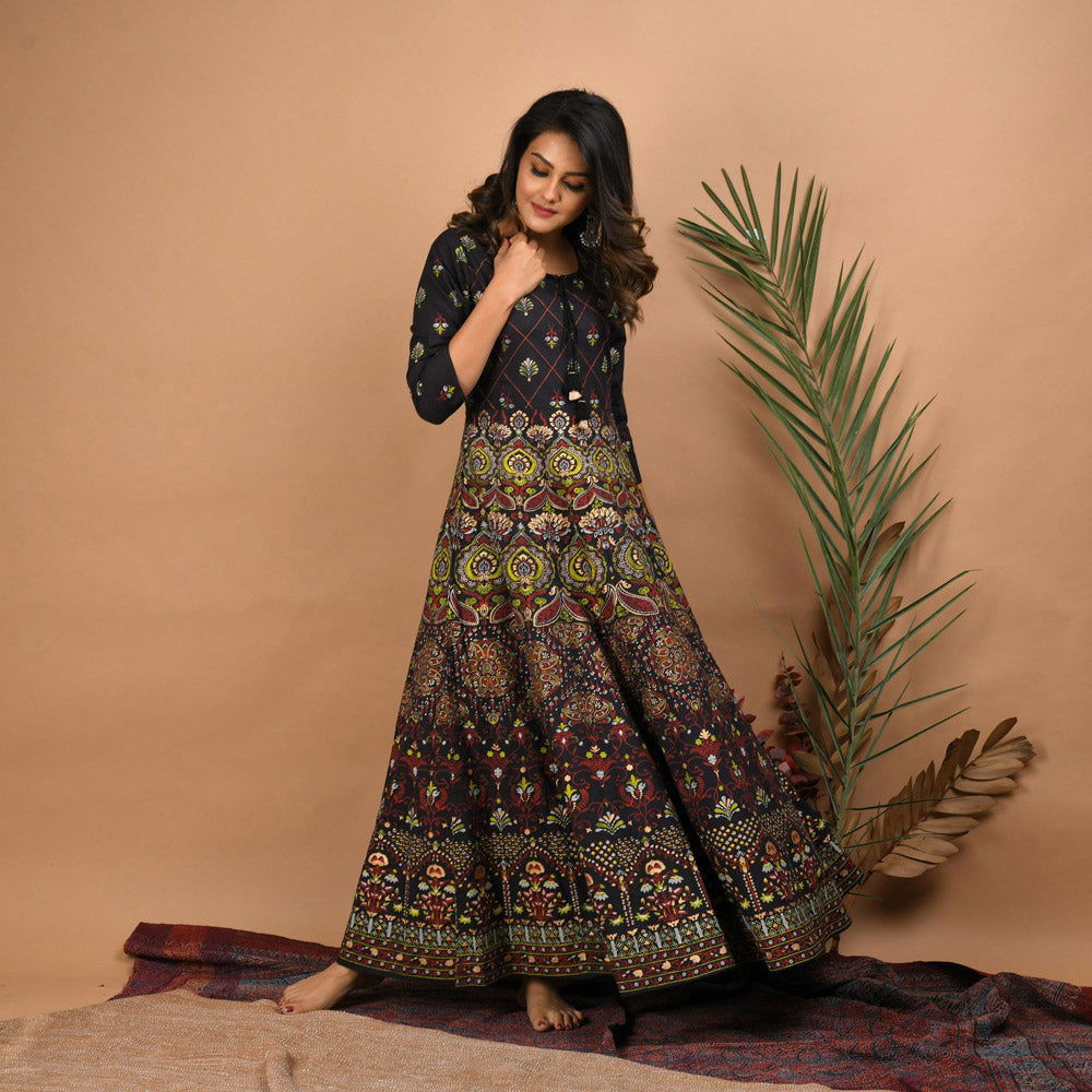 Black Gold Printed Ethnic Gown - pacificexportsimports - #tag1#