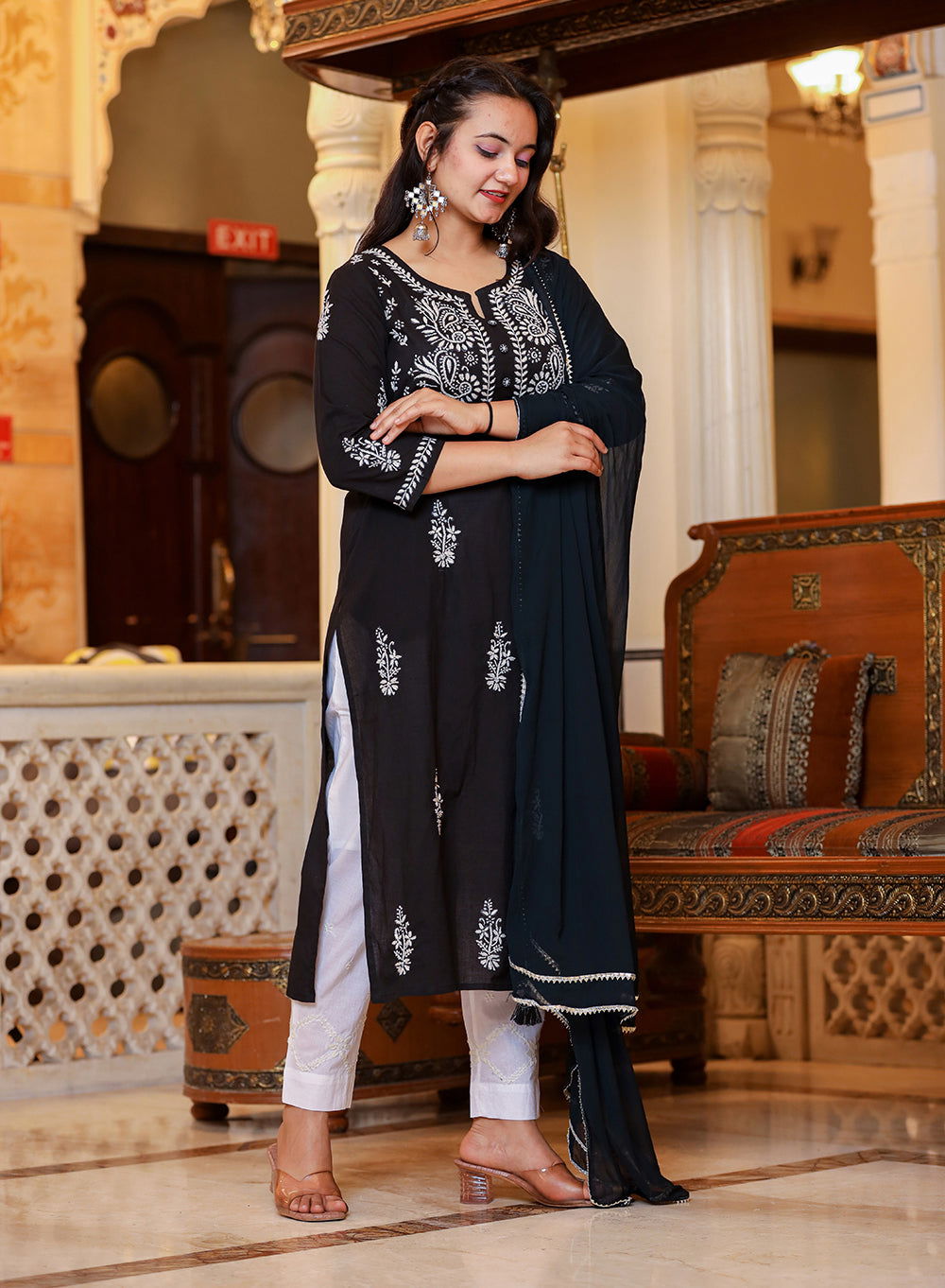 Black Lucknow Chikankari Kurta Pant Set With Dupatta - pacificexportsimports - #tag1#