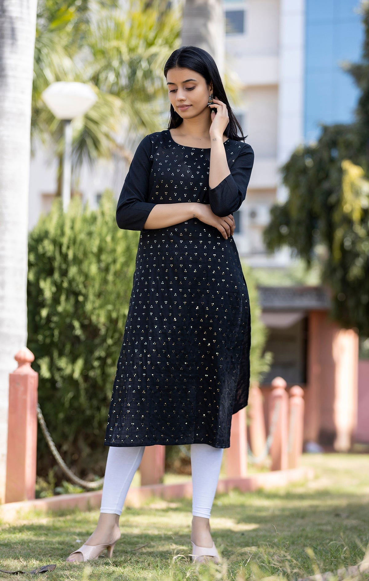 Black Solid Sequins Embellished Cotton Casual Kurta - pacificexportsimports - #tag1#