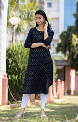 Black Solid Sequins Embellished Cotton Casual Kurta - pacificexportsimports - #tag1#