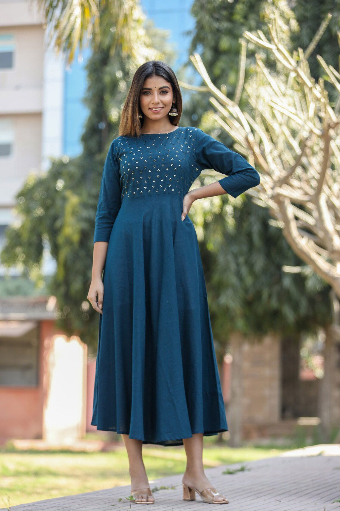 Blue Cotton Summer Anarkali dress - pacificexportsimports - #tag1#