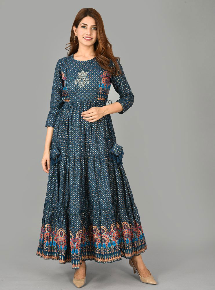 Blue Embroidered Cotton Ethnic Gown - pacificexportsimports - #tag1#