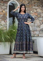 Blue Gold Printed Cotton Ethnic Dress Anarkali Gown Party - pacificexportsimports - #tag1#
