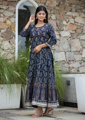 Blue Gold Printed Cotton Ethnic Dress Anarkali Gown Party - pacificexportsimports - #tag1#
