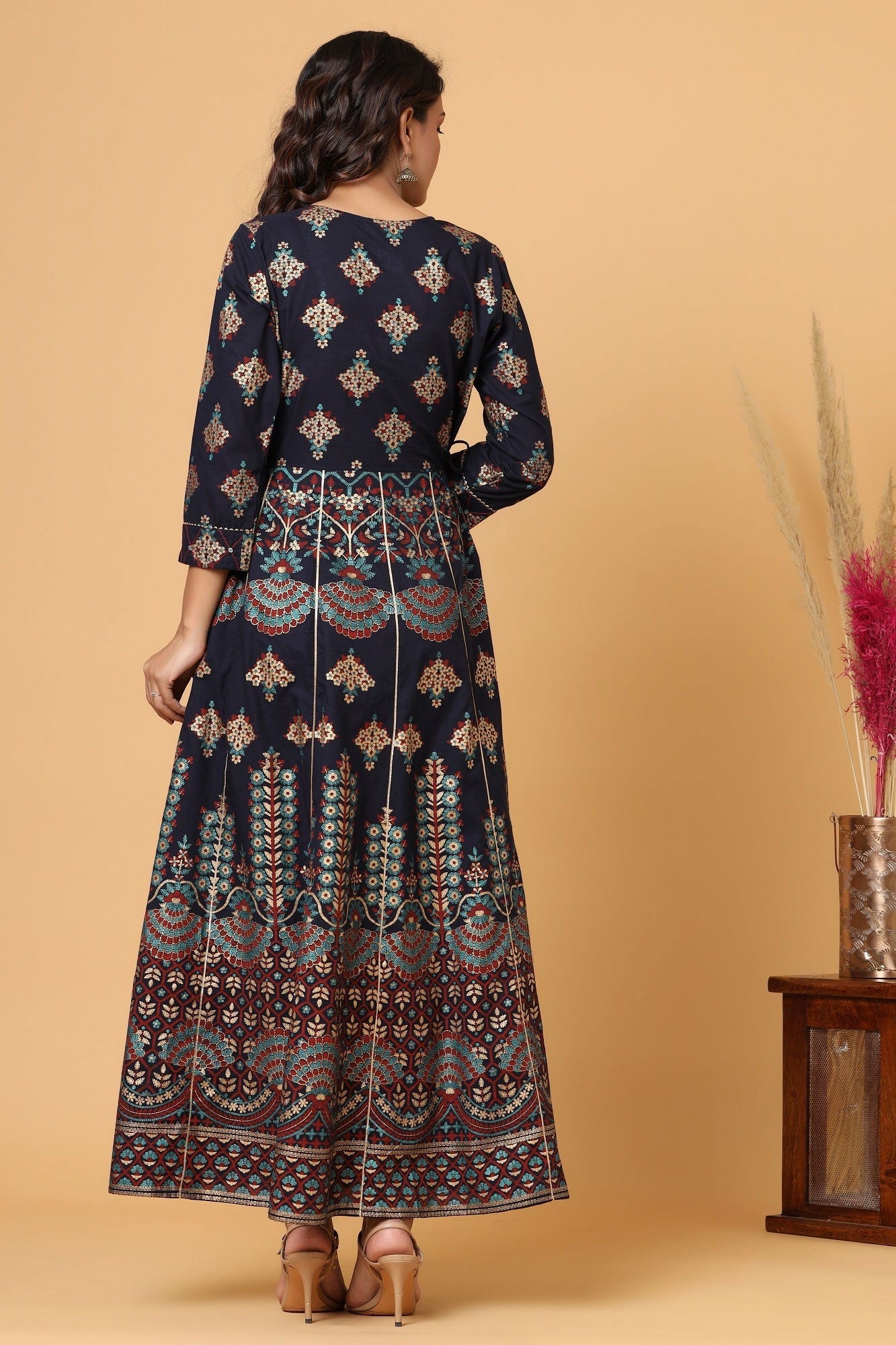 Blue Gold Printed Cotton Ethnic Gown - pacificexportsimports - #tag1#