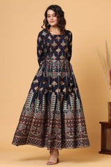 Blue Gold Printed Cotton Ethnic Gown - pacificexportsimports - #tag1#