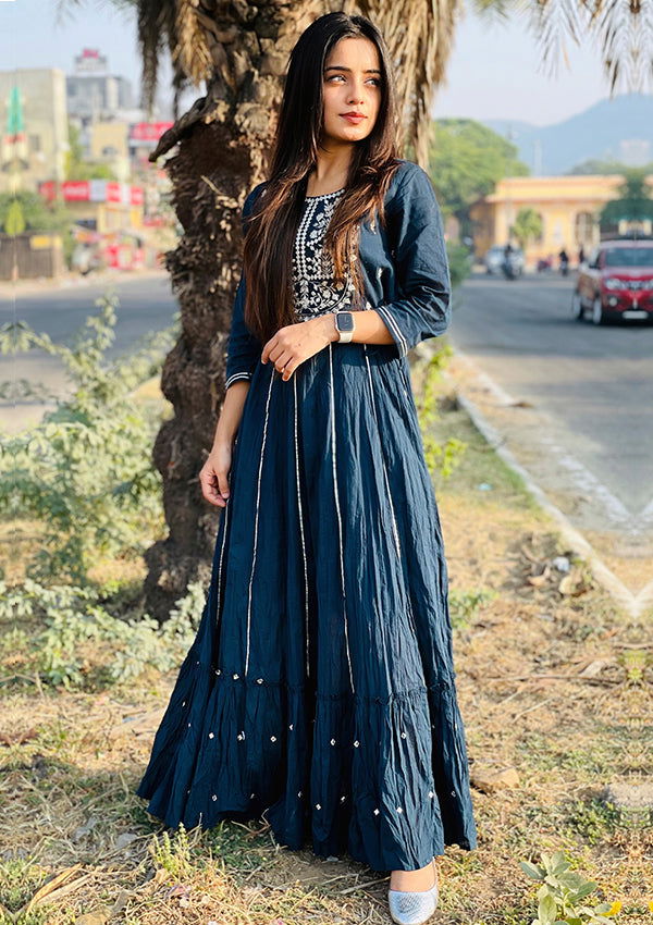 Blue Mirror Embroidered Ethnic Gown - pacificexportsimports - #tag1#