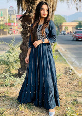 Blue Mirror Embroidered Ethnic Gown - pacificexportsimports - #tag1#