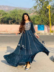 Blue Mirror Embroidered Ethnic Gown - pacificexportsimports - #tag1#