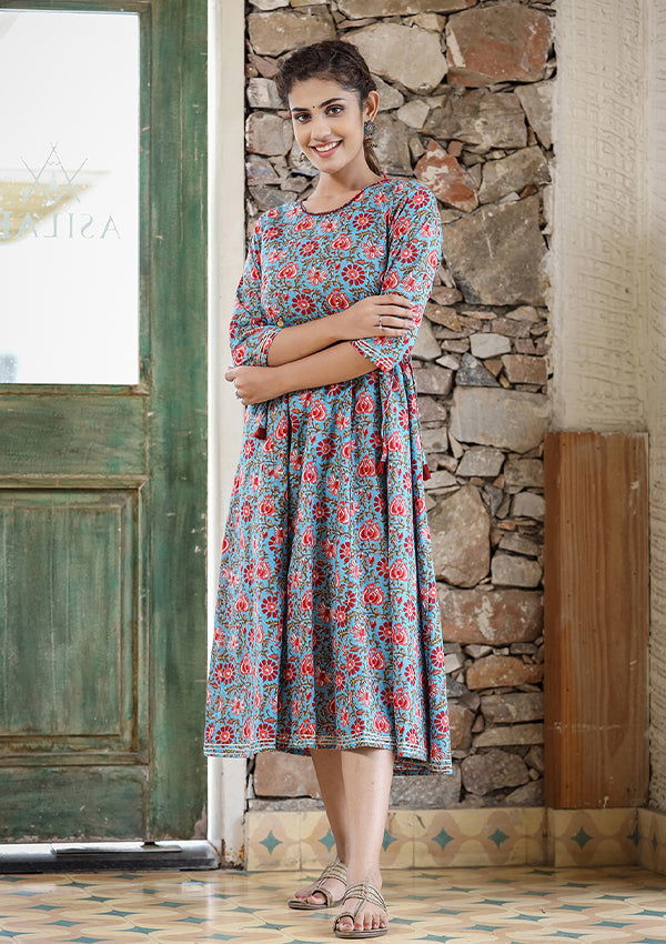 Blue Red Floral Printed Cotton Ethnic Dress - pacificexportsimports - #tag1#