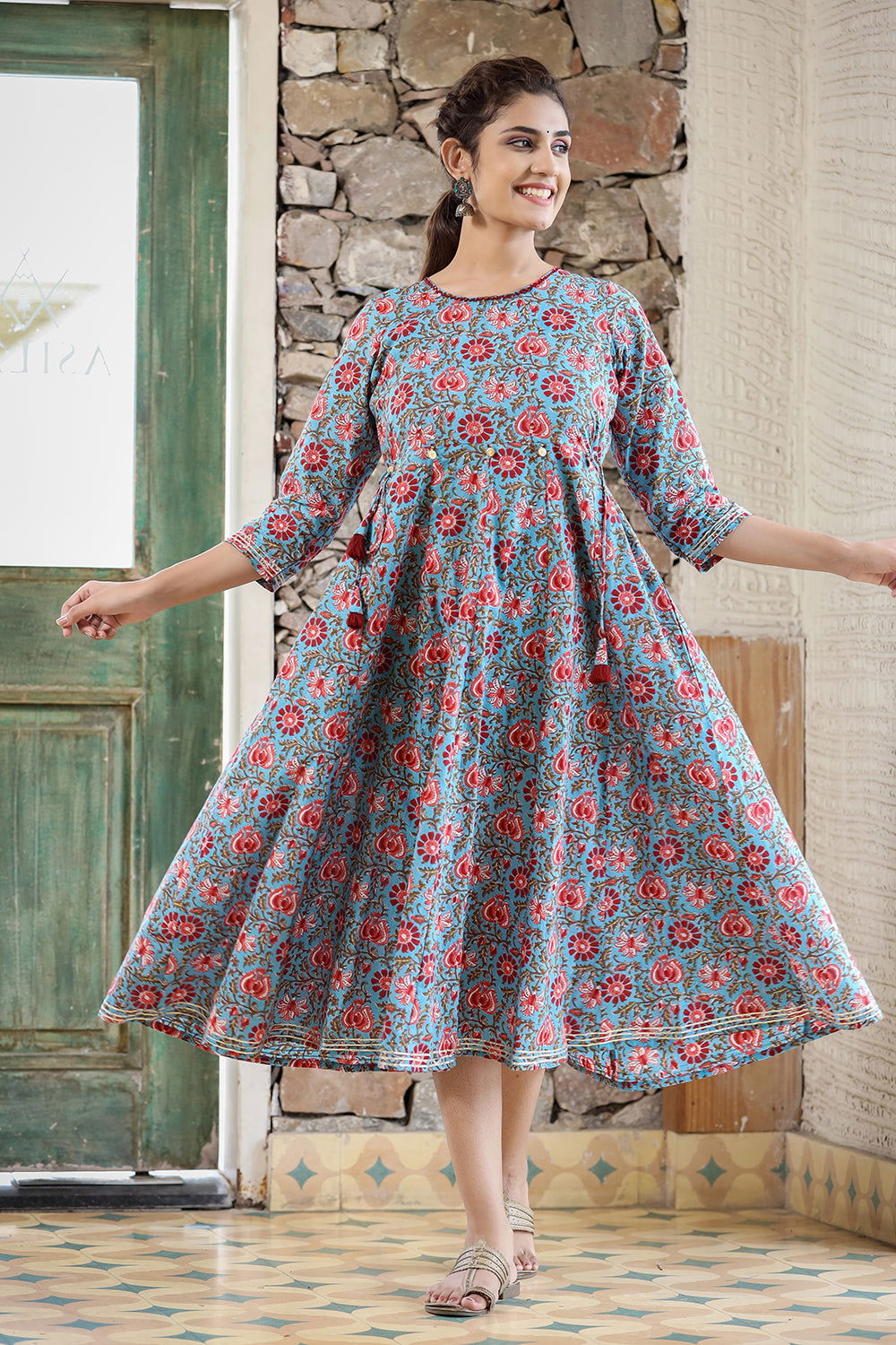 Blue Red Floral Printed Cotton Ethnic Dress - pacificexportsimports - #tag1#