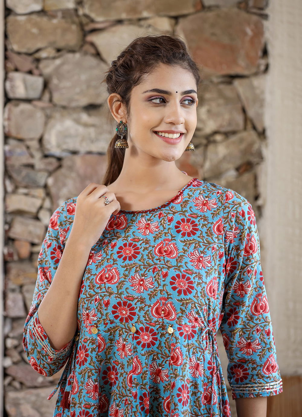 Blue Red Floral Printed Cotton Ethnic Dress - pacificexportsimports - #tag1#