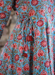 Blue Red Floral Printed Cotton Ethnic Dress - pacificexportsimports - #tag1#