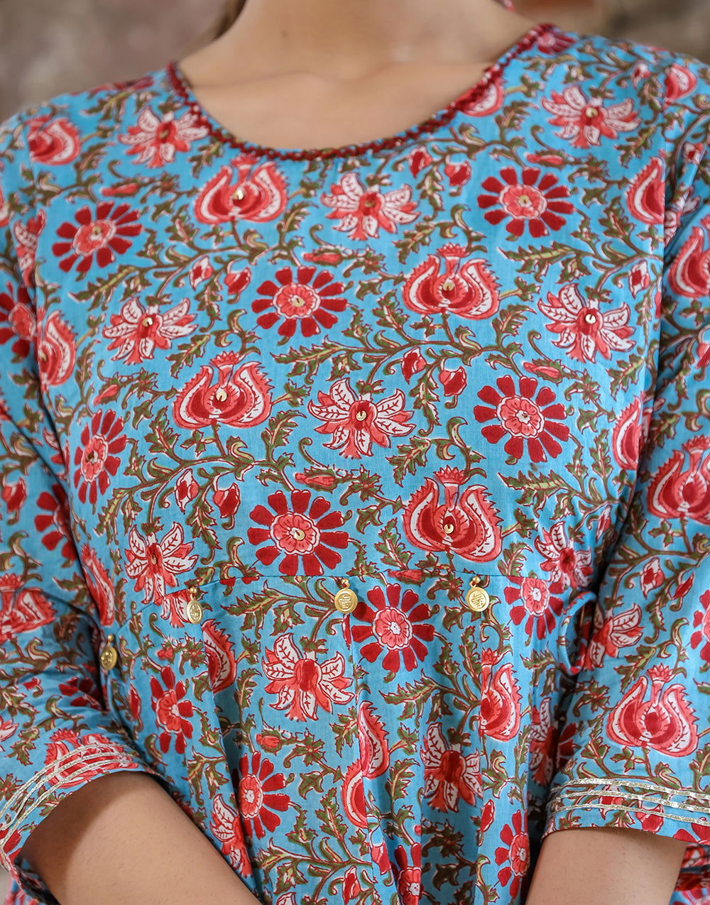 Blue Red Floral Printed Cotton Ethnic Dress - pacificexportsimports - #tag1#