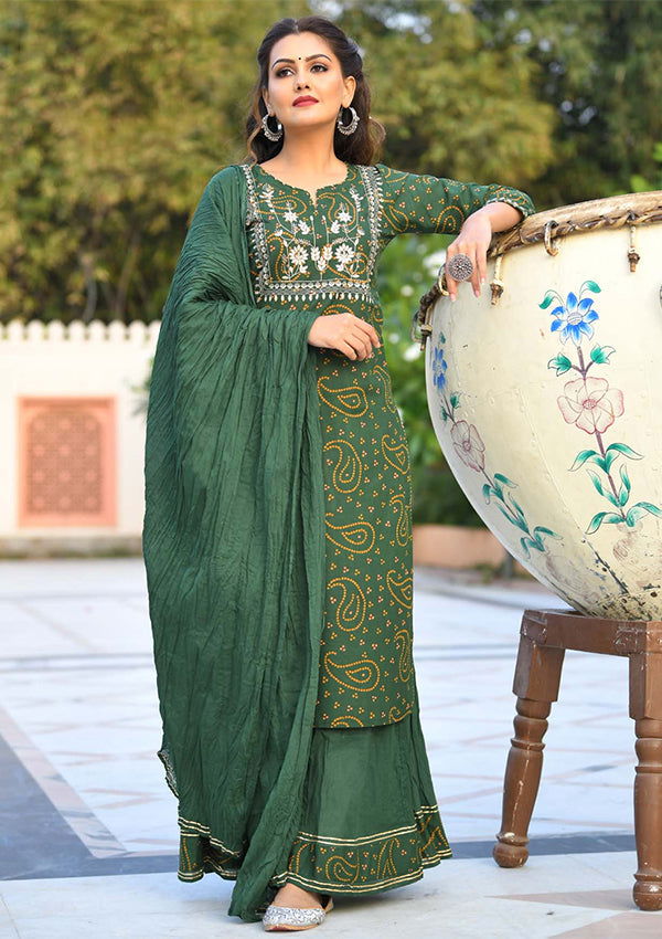 Green Bandhej Printed Cotton Kurta Sharara With Dupatta Set - pacificexportsimports - #tag1#