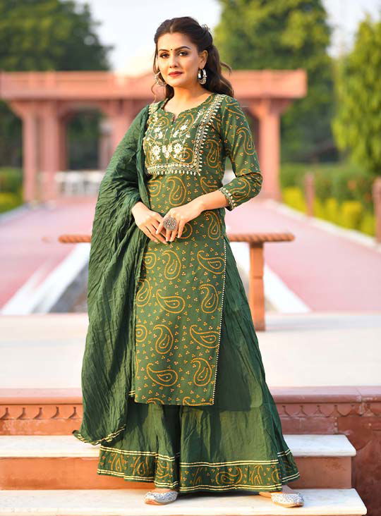 Green Bandhej Printed Cotton Kurta Sharara With Dupatta Set - pacificexportsimports - #tag1#