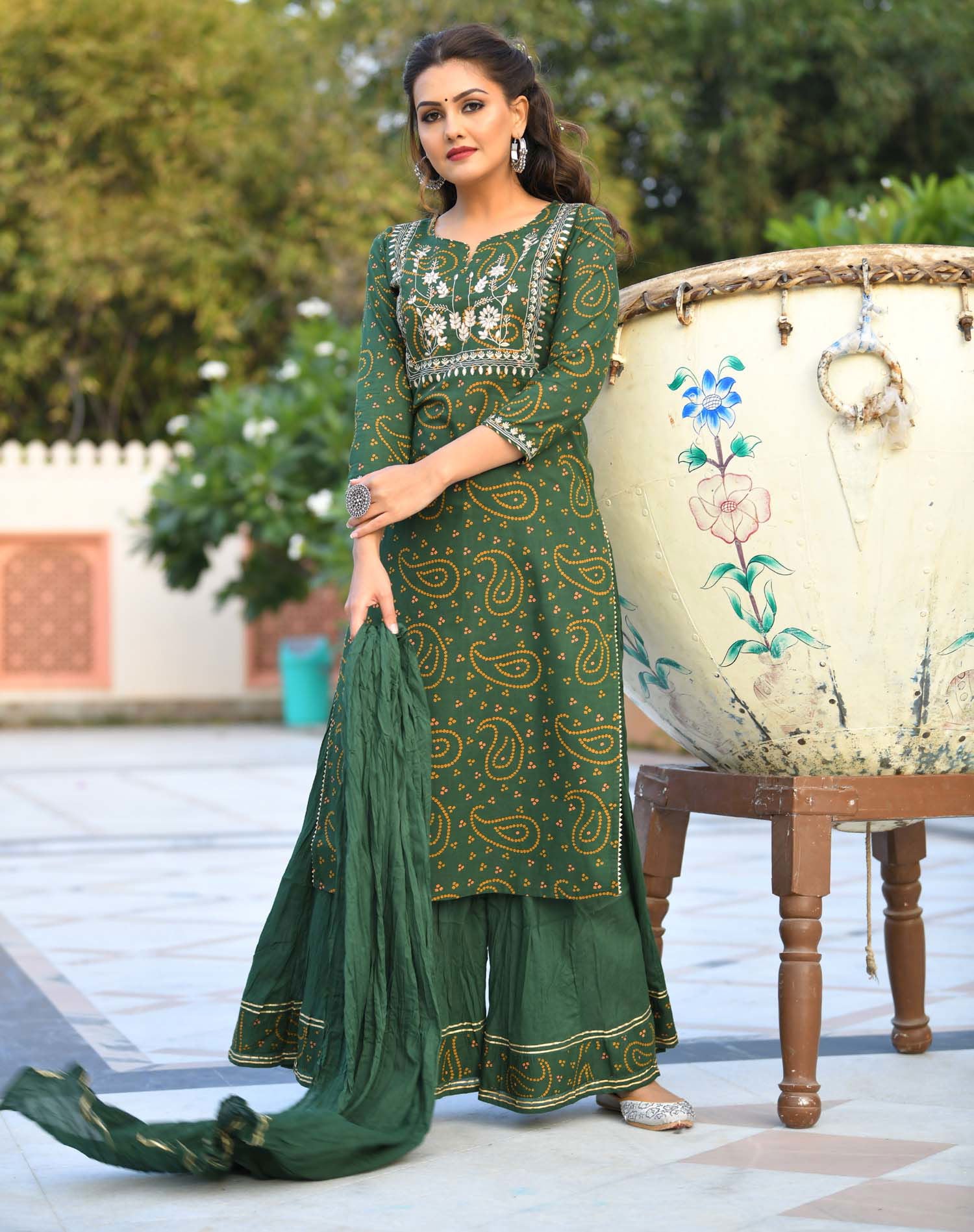 Green Bandhej Printed Cotton Kurta Sharara With Dupatta Set - pacificexportsimports - #tag1#