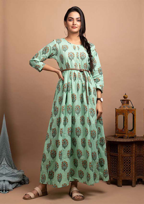 Green Booti Print Ethnic Gown - pacificexportsimports - #tag1#