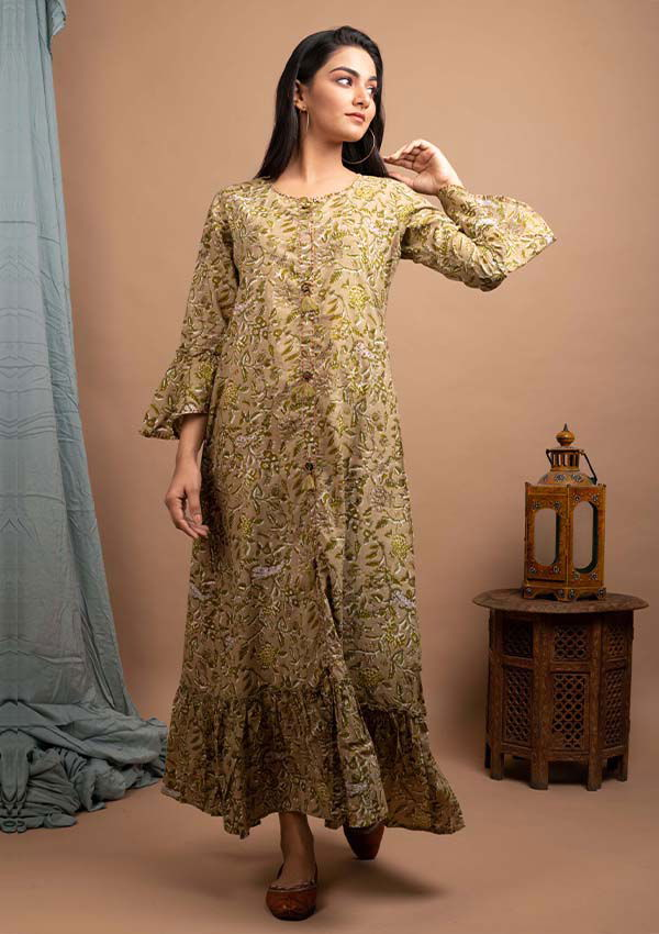 Green Cotton Printed Long Ethnic Gown - pacificexportsimports - #tag1#