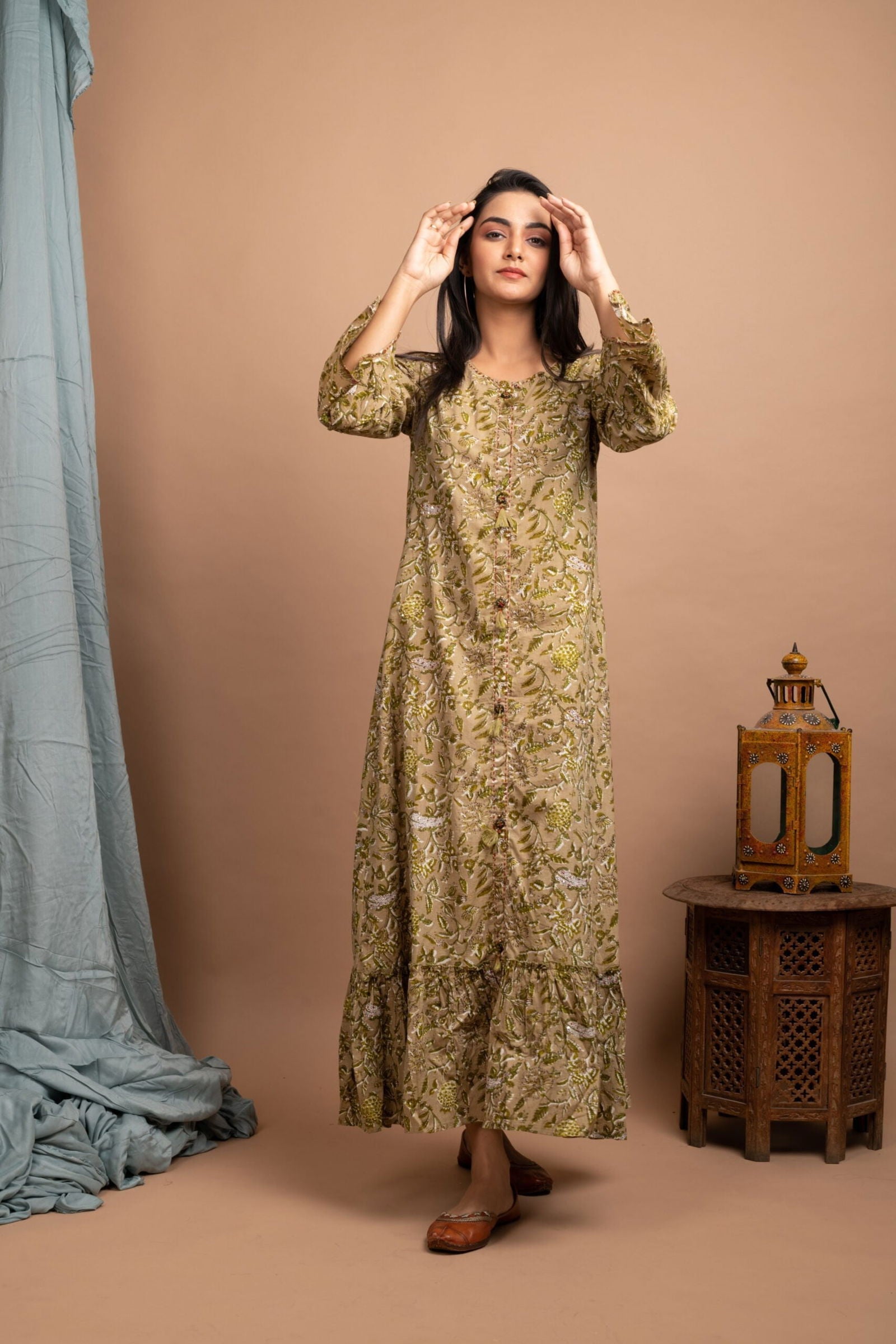 Green Cotton Printed Long Ethnic Gown - pacificexportsimports - #tag1#
