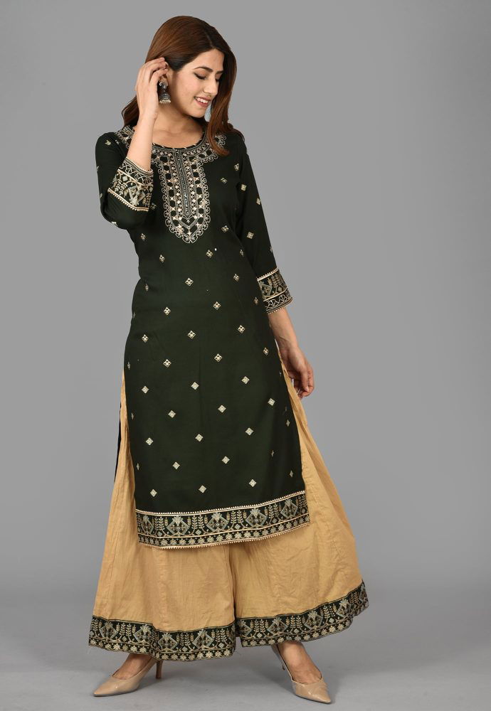 Green Embroidered Kurta Sharara Set - pacificexportsimports - #tag1#