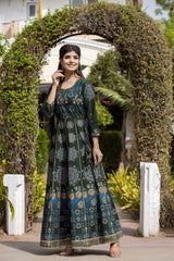 Green Floral Gold Printed Ethnic Gown - pacificexportsimports - #tag1#