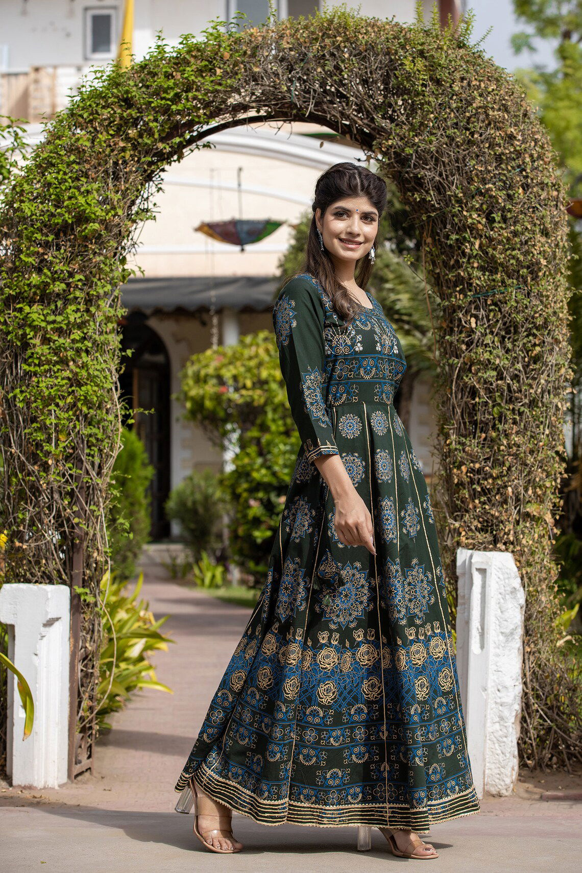 Green Floral Gold Printed Ethnic Gown Anarkali Dress - pacificexportsimports - #tag1#