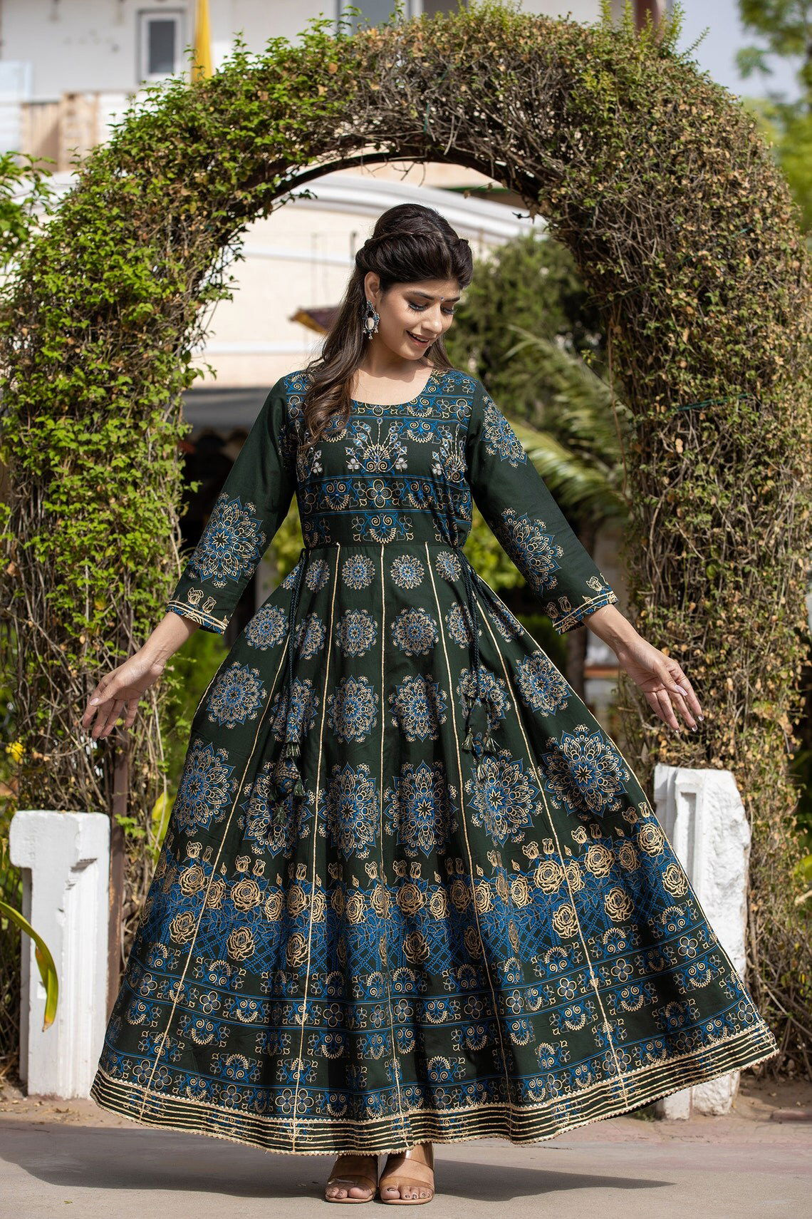 Green Floral Gold Printed Ethnic Gown Anarkali Dress - pacificexportsimports - #tag1#