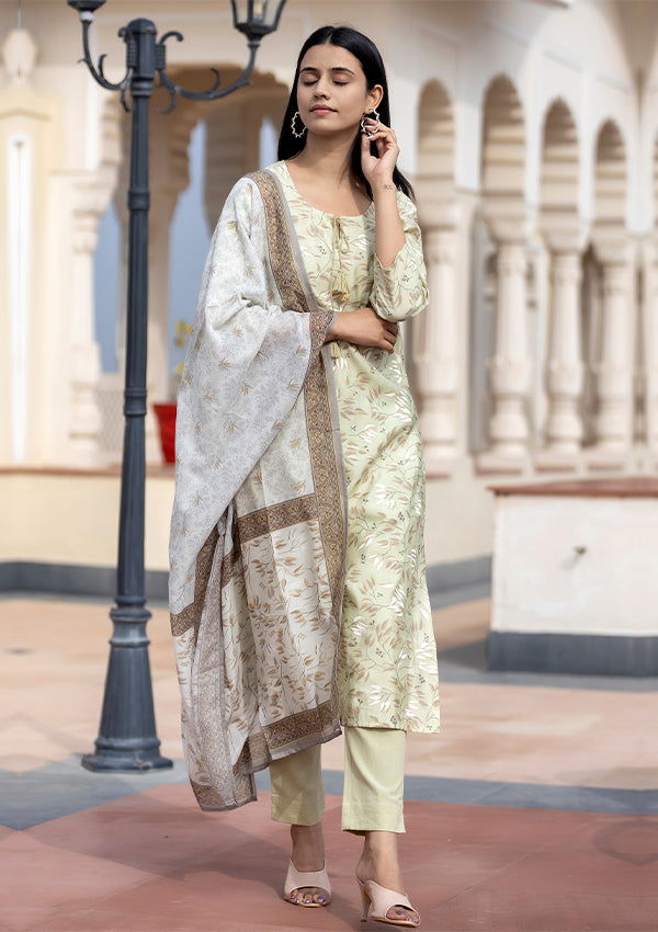 Green Floral Print Modal Silk Suit Set - pacificexportsimports - #tag1#