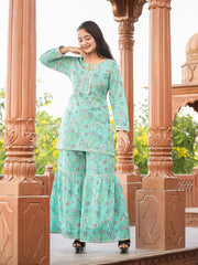 Green Floral Printed Kurta With Sharara - pacificexportsimports - #tag1#