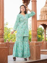 Green Floral Printed Kurta With Sharara - pacificexportsimports - #tag1#