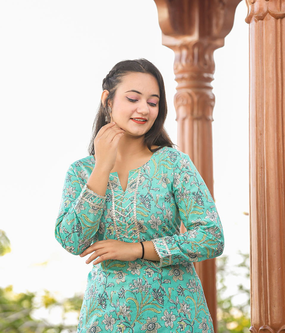 Green Floral Printed Kurta With Sharara - pacificexportsimports - #tag1#