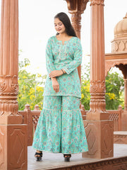 Green Floral Printed Kurta With Sharara - pacificexportsimports - #tag1#