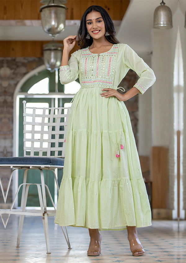Green Mirror Embellishment Ethnic Gown - pacificexportsimports - #tag1#