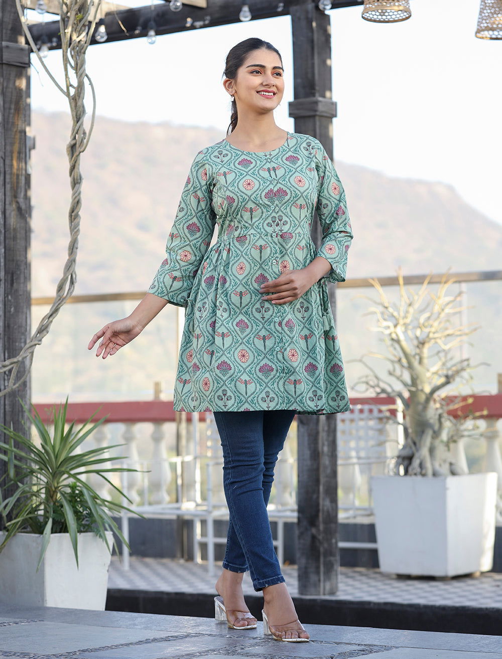 Green Motif Printed Shirt Style Cotton Tunic - pacificexportsimports - #tag1#