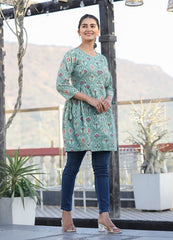 Green Motif Printed Shirt Style Cotton Tunic - pacificexportsimports - #tag1#