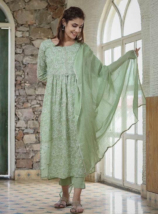 Green Printed Cotton Kurta Pant Set With Dupatta - pacificexportsimports - #tag1#