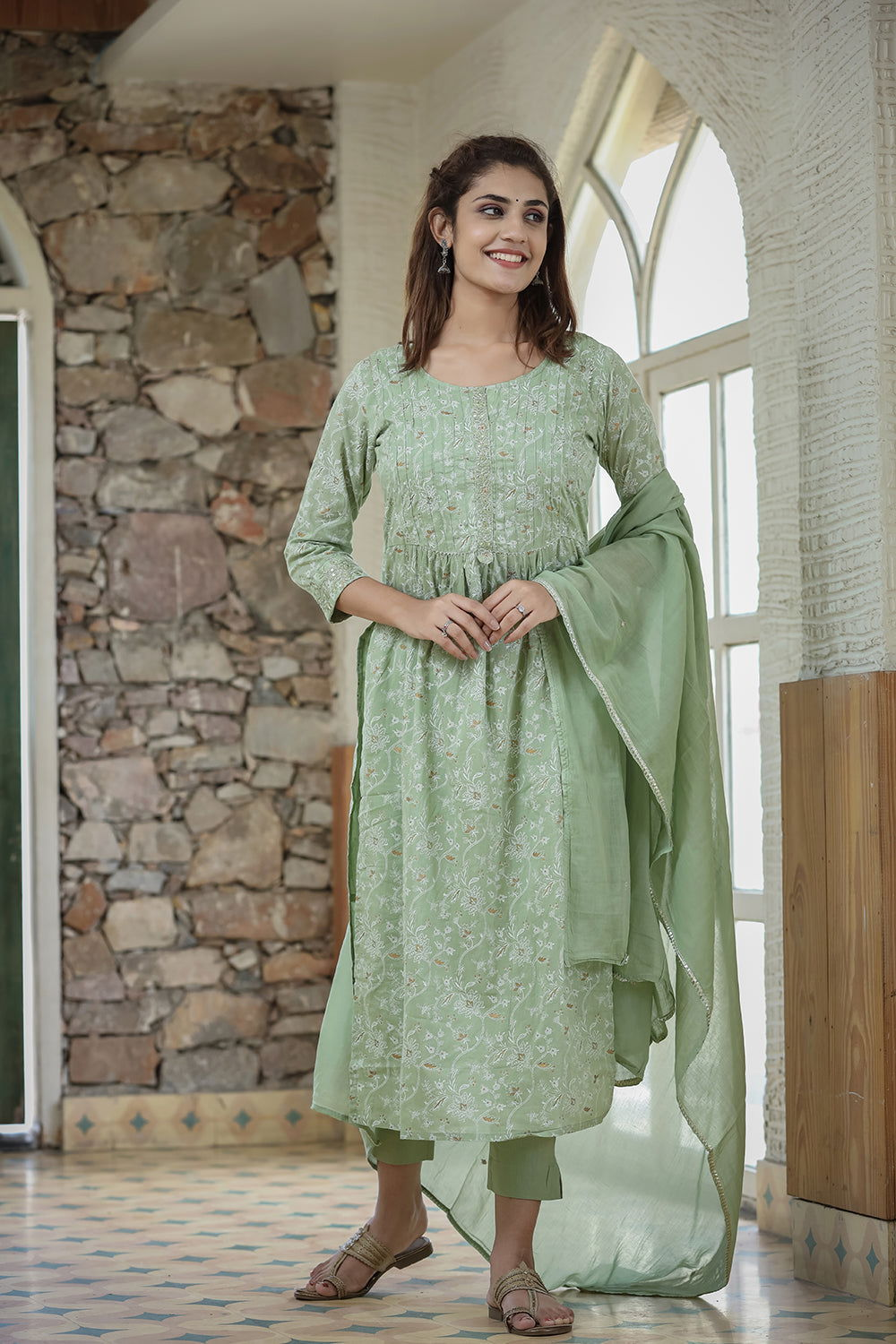 Green Printed Cotton Kurta Pant Set With Dupatta - pacificexportsimports - #tag1#
