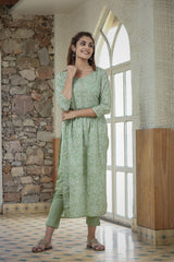 Green Printed Cotton Kurta Pant Set With Dupatta - pacificexportsimports - #tag1#