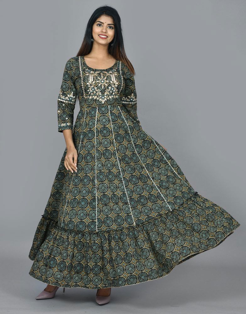 Green Printed Ethnic Gowns Kurta - pacificexportsimports - #tag1#