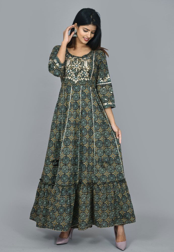 Green Printed Ethnic Gowns Kurta - pacificexportsimports - #tag1#