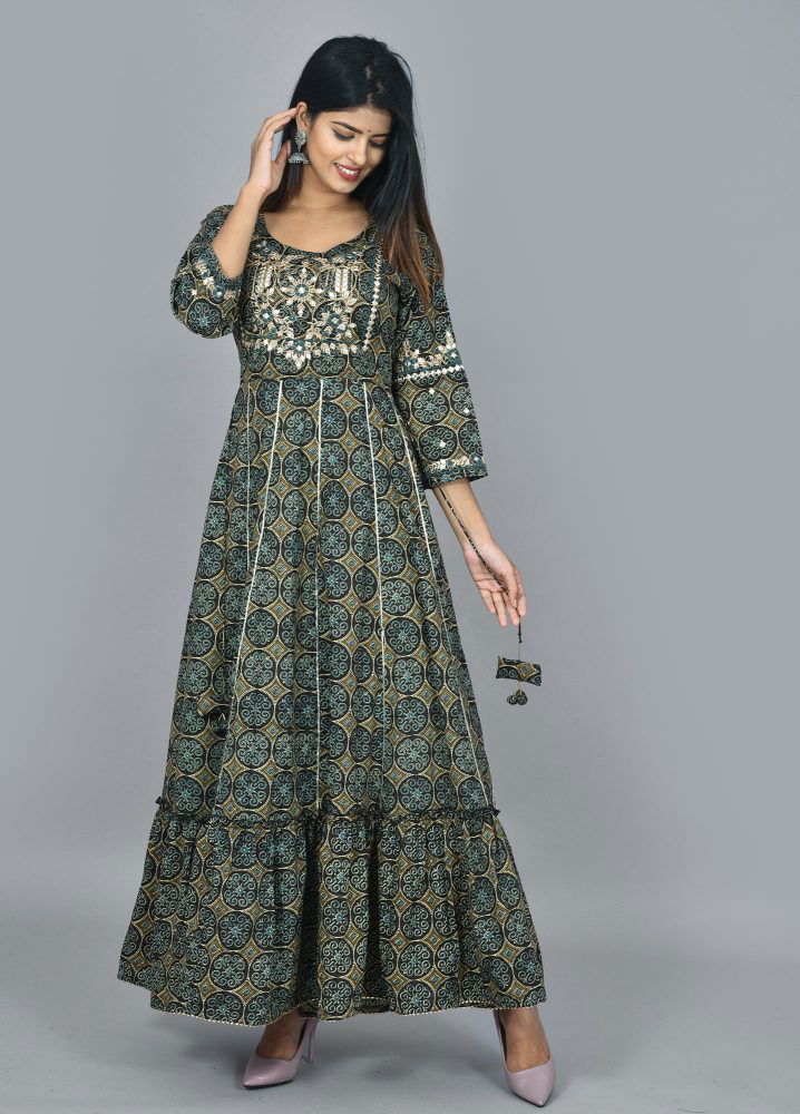 Green Printed Ethnic Gowns Kurta - pacificexportsimports - #tag1#