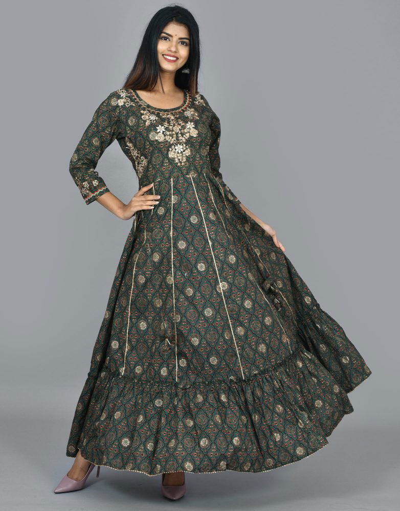 Green Printed Ethnic Gowns Kurta - pacificexportsimports - #tag1#